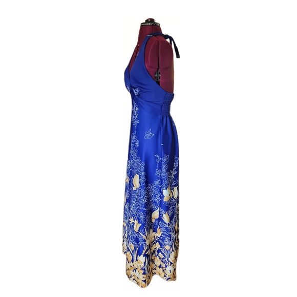 Nani Of Hawaii Vintage Elegant Blue and Cream Floral Maxi Halter Dress - Picture 3 of 15